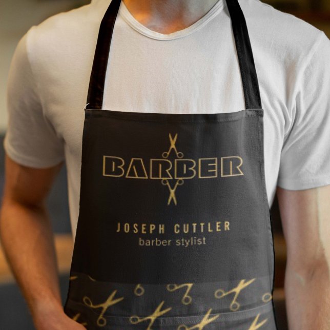 Barber name gold scissors pattern barbershop black apron (Creator Uploaded)