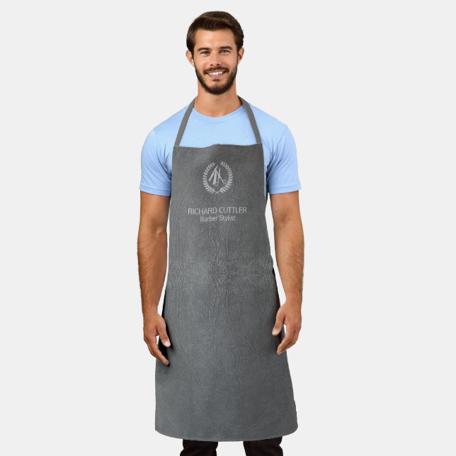 Barber name silver logo barber shop grey leather apron (Worn)