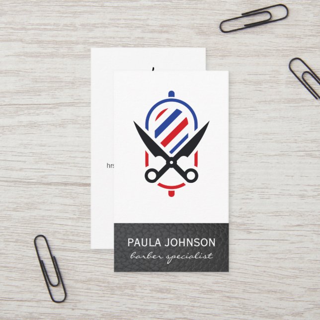Barber Pole and Scissors | Leather Business Card (Front/Back In Situ)