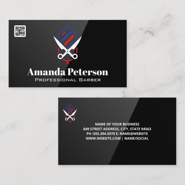 Barber Pole and Scissors Logo | QR Code Business Card (Front/Back)