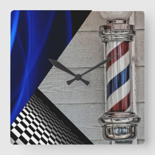 Barber Pole,Black, White, Checkers, Blue Abstract Square Wall Clock