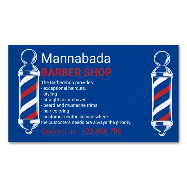 Barber Pole Blue Navy Barbershop Branding Design Magnetic Business Card (Front)