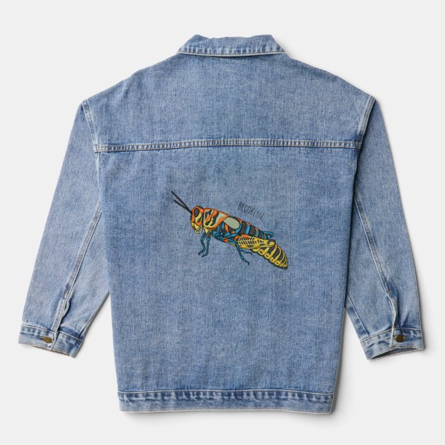 Barber pole grasshopper cartoon illustration  denim jacket (Back)