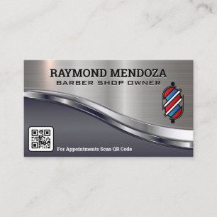 Barber Pole Logo QR Code Metallic Sleek Business Card