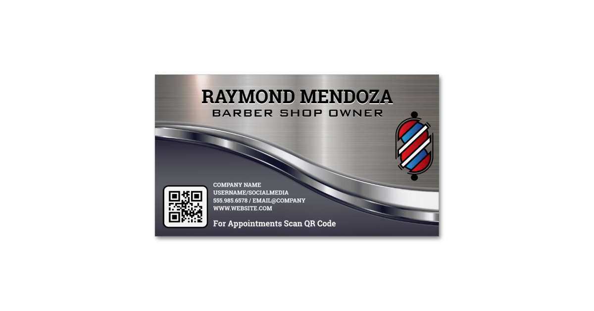 Barber Pole Logo | QR Code | Metallic Sleek Magnetic Business Card | Zazzle