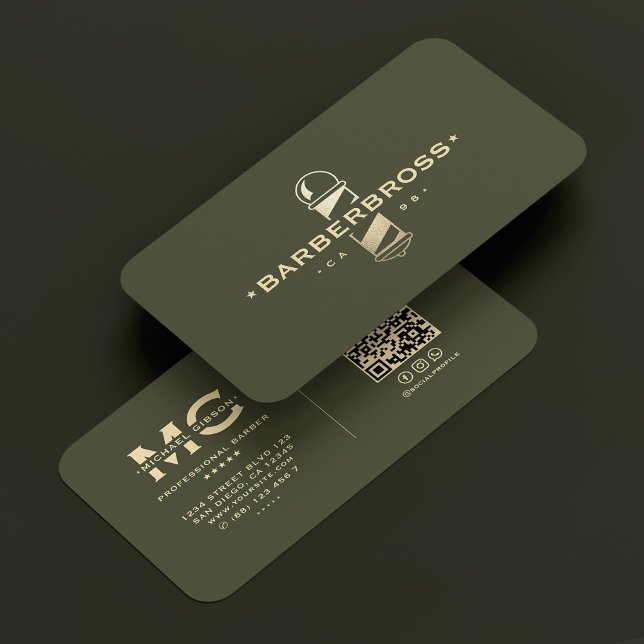Barber Pole Modern Barbershop Army Green Gold Business Card (Barber Pole Modern Barbershop Army Green Gold Business Card
)