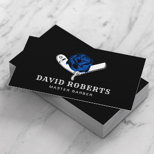 Barber Razor & Blue Rose Barbershop Black Hair Business Card