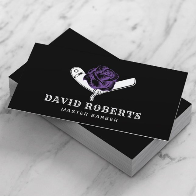 Barber Razor & Purple Rose Barbershop Black Hair Business Card (Creator Uploaded)