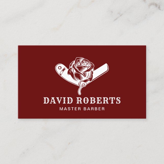 Barber Razor & Rose Barbershop Hair Stylist Red Business Card (Front)