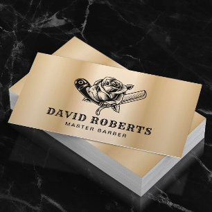 Barber Razor & Rose Logo Barbershop Gold Hair Business Card
