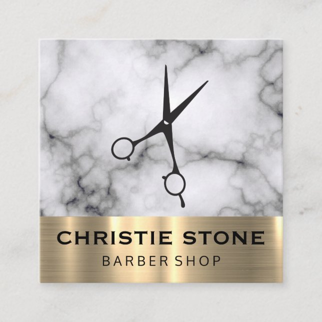 Barber Salon Shears Marble Gold Trim Square Business Card (Front)