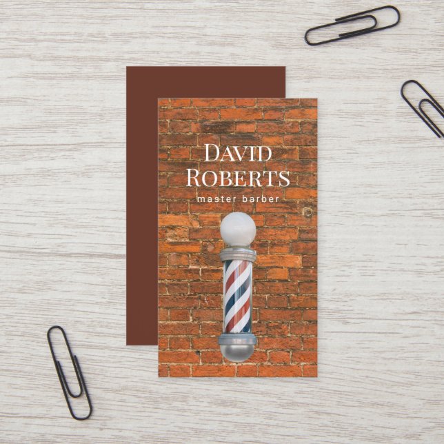 Barber Shop Barber Pole Barbershop Red Brick Hair Business Card (Front/Back In Situ)