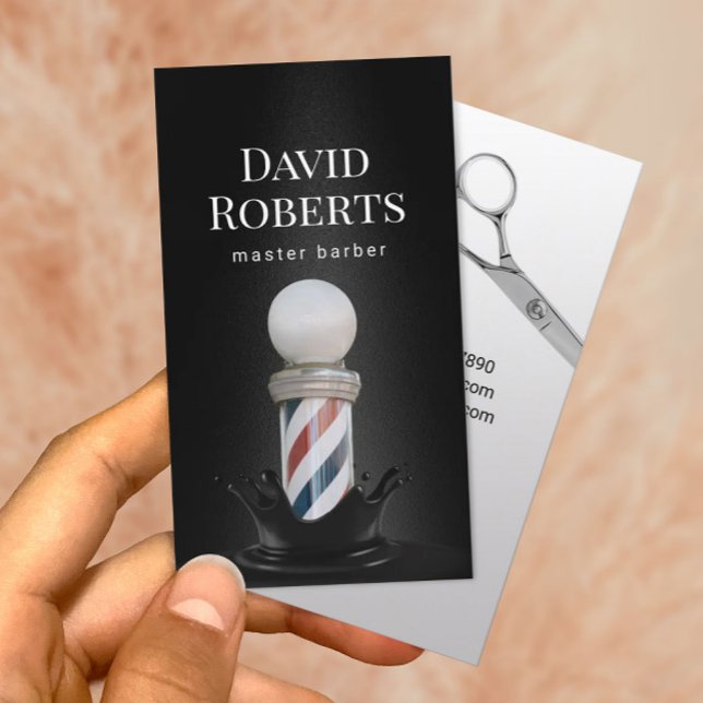 Barber Shop Barber Pole Modern Black Barbershop Business Card (Creator Uploaded)