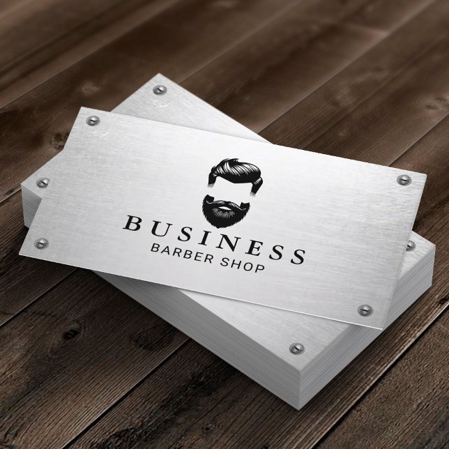 Barber Shop Beard Man Logo Metal Hair Stylist Business Card (Creator Uploaded)