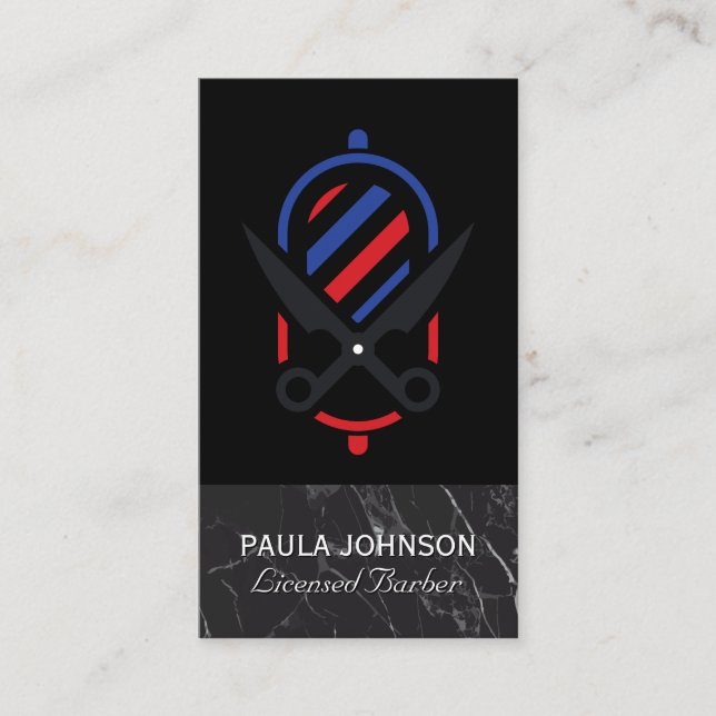 Barber Shop | Black Marble Barber Pole Business Card (Front)