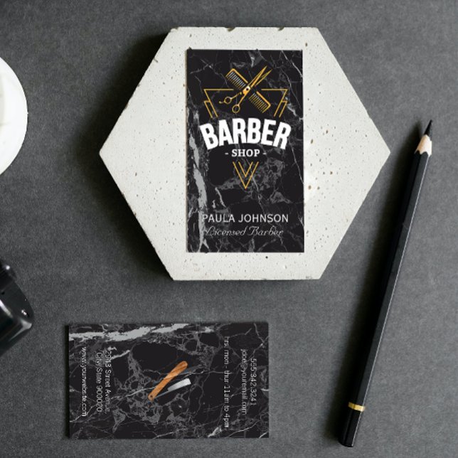 Barber Shop | Black Marble Business Card (Creator Uploaded)