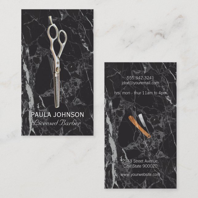Barber Shop | Black Marble | Scissors Business Card (Front/Back)