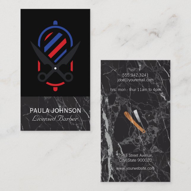 Barber Shop | Black Marble | Scissors Business Card (Front/Back)