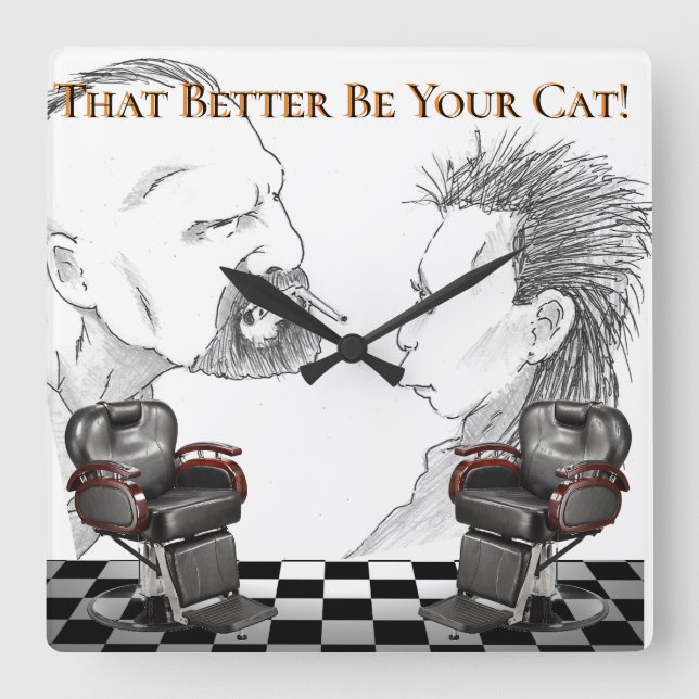 Barber Shop  Black, White, Checkers Square Wall Clock (Front)