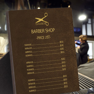 Barber shop brown leather look service menu plaque