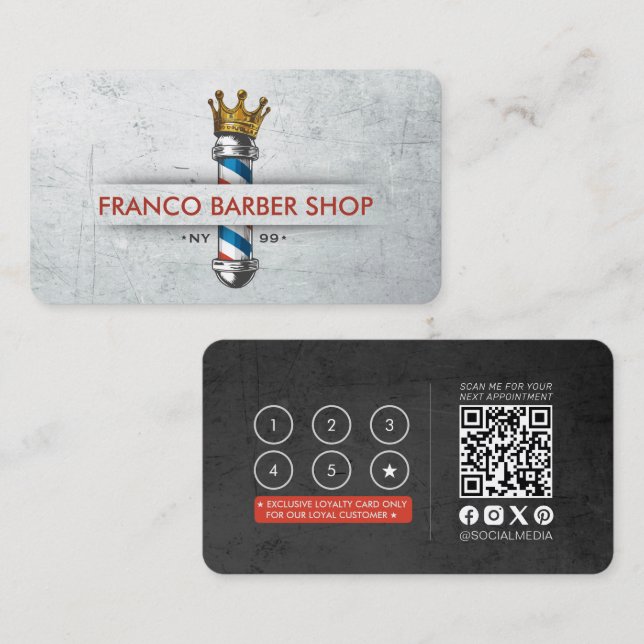Barber Shop Crown Barber Pole Hair Salon Loyalty Business Card (Front/Back)