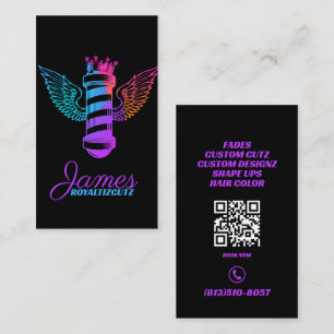 Barber Shop Crown Wings Neon Logo Professional Business Card