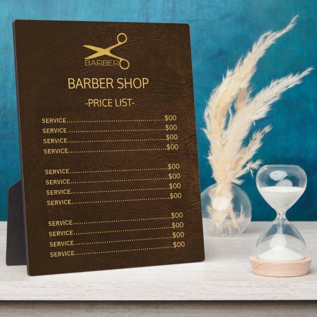 Barber shop dark brown leather look price list plaque (Side)