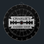 Barber shop dartboard with razor blade design<br><div class="desc">Barber shop dartboard with razor blade design. Custom decor for men's hair salon. Stylish gift for hair salon owner. Make your own trendy barber shop present for boss, coworker, employees etc. Unique hair stylist gift ideas. Personalised with your own business name or company slogan. Masculine decoration with sharp edge. Black...</div>