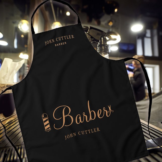 Barber shop employee personalised black and gold apron (Creator Uploaded)