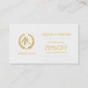 Barber shop gold and white referral template card