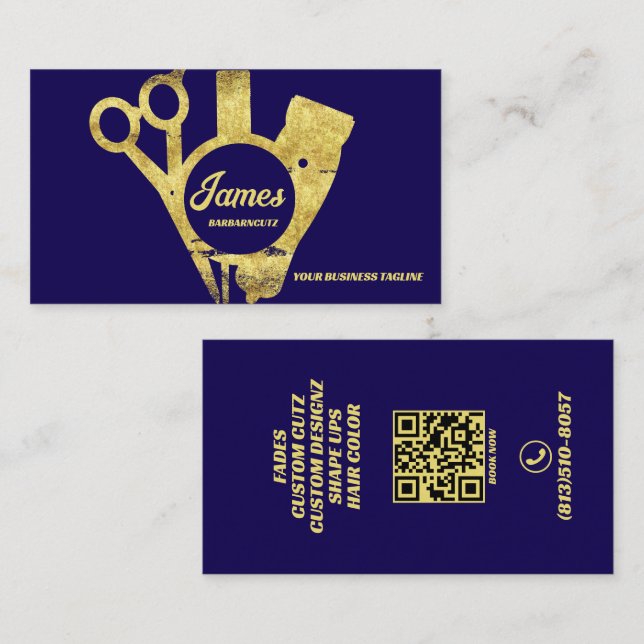 Barber Shop Gold Blue Salon Business Card (Front/Back)