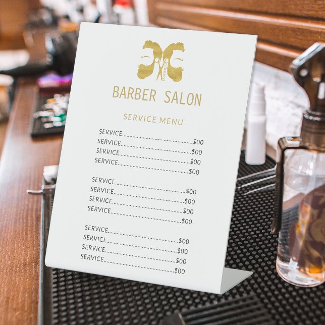 Barber shop gold white elegant price list service pedestal sign (Creator Uploaded)