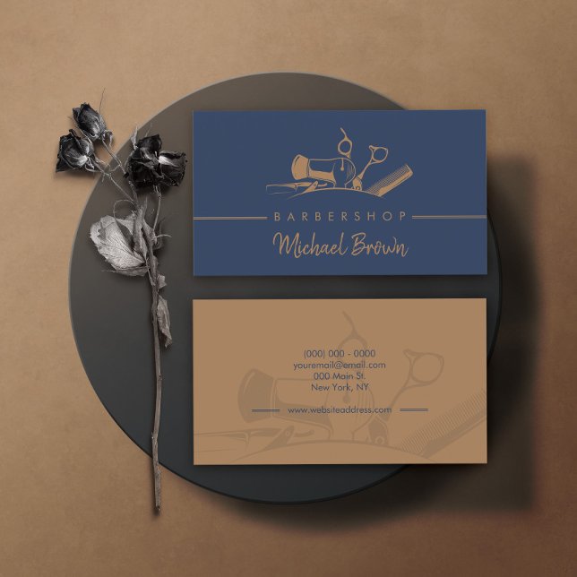 Barber Shop Hair Dryer Comb Navy Brown Business Card (Creator Uploaded)