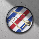 Barber Shop Hair Stylist Modern Stripes Gold Tools Clock<br><div class="desc">Barber Shop Hair Stylist Modern Barber Stripes Gold Hair Tools Clock.</div>
