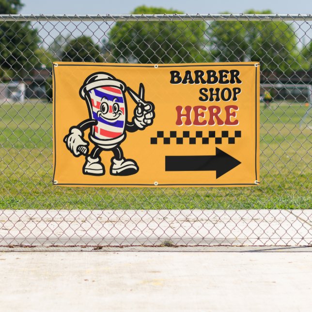 Barber Shop Here Arrow Turn Right Fence Advert Banner (Insitu)