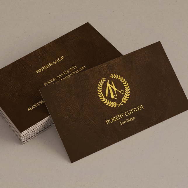 Barber shop luxury simple gold brown leather look business card (Creator Uploaded)