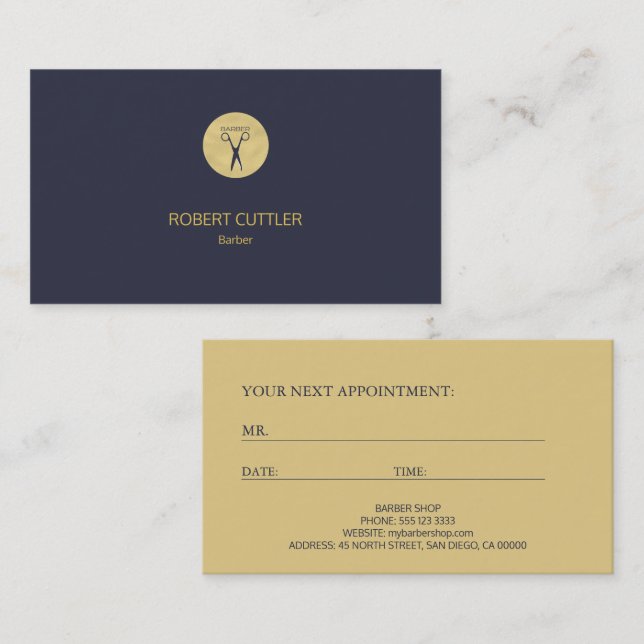 Barber shop luxury simple gold navy appointment card (Front/Back)
