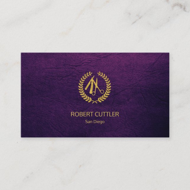 Barber shop luxury simple gold purple leather look business card (Front)