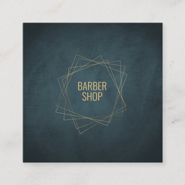 Barber shop minimal navy gold typography geometric square business card (Front)