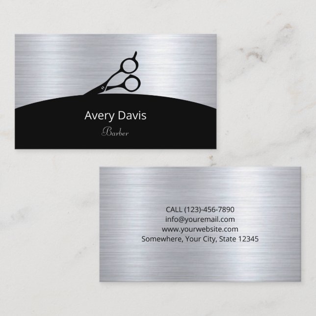 Barber Shop Modern Silver and Black Hair Stylist Business Card (Front/Back)