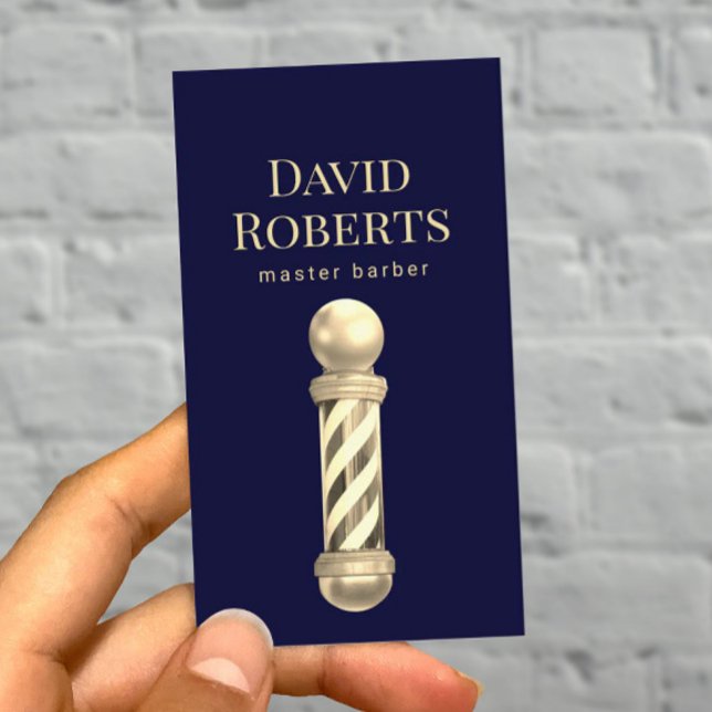 Barber Shop Navy Gold Barber Pole Barbershop Hair Business Card (Creator Uploaded)