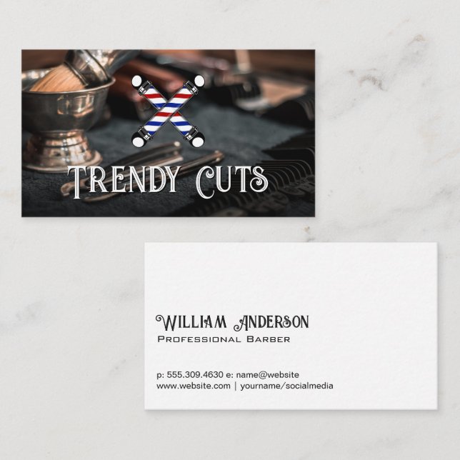 Barber Shop Poles Logo | Haircutting Tools  Business Card (Front/Back)