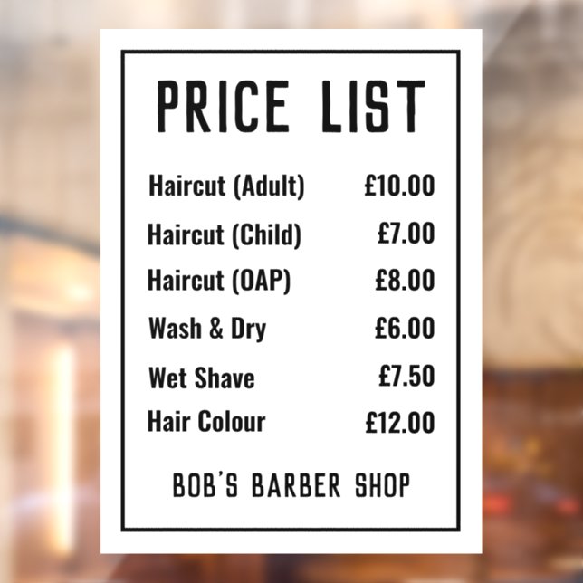 Barber Shop Price List (Sheet 2)