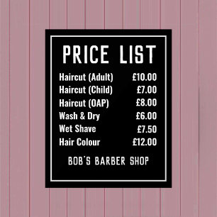 Barber Shop Price List Acrylic Sign