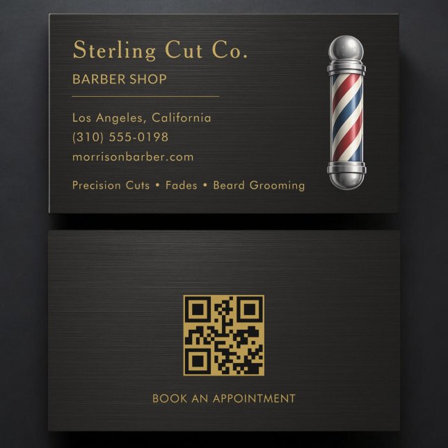 Barber Shop QR Code Metallic Professional Business Card (Creator Uploaded)