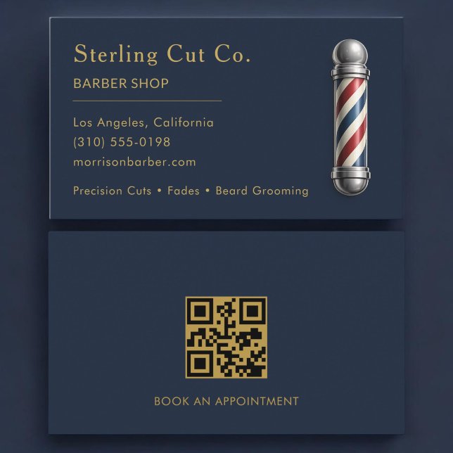 Barber Shop QR Code Navy Blue Business Card (Creator Uploaded)