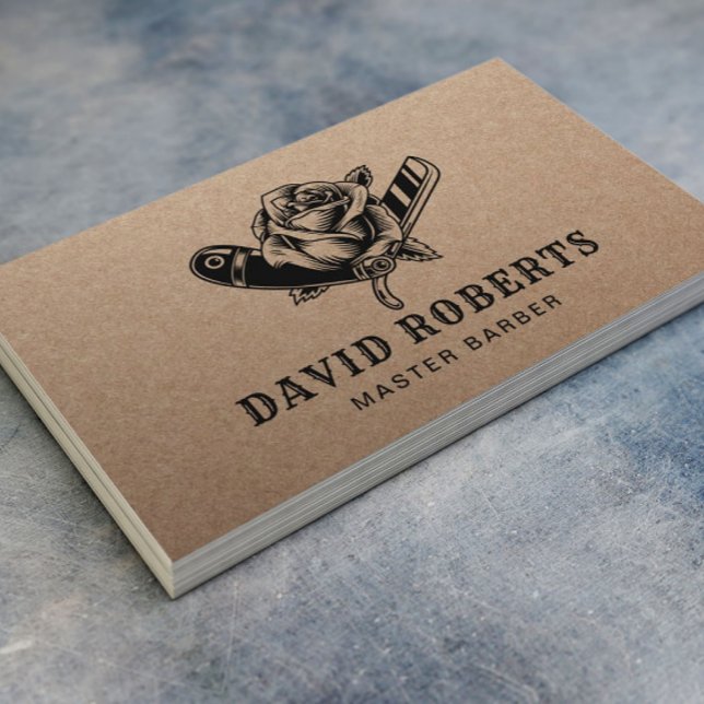 Barber Shop Razor & Rose Barbershop Rustic Kraft Business Card (Creator Uploaded)