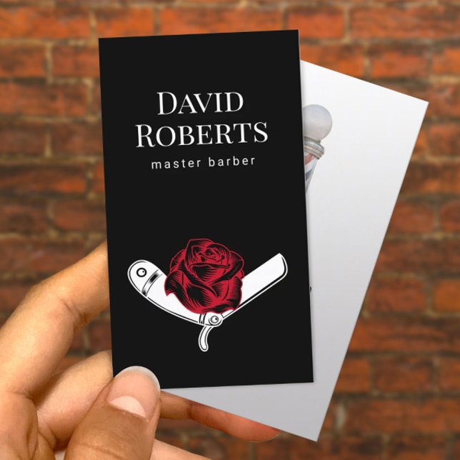 Barber Shop Razor & Rose Flower Tattoo Barbershop Business Card (Creator Uploaded)