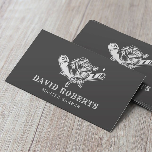 Barber Shop Razor & Rose Logo Barbershop Business Card (Creator Uploaded)