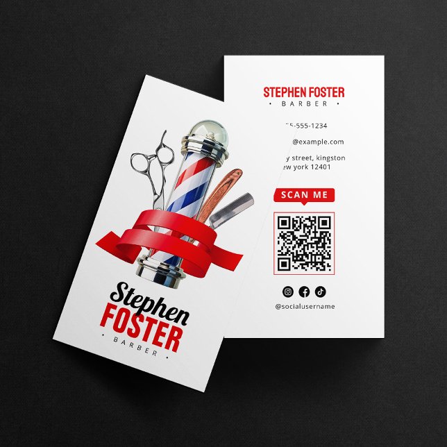 Barber Shop Red Barber Pole Barbershop QR Code Business Card (Creator Uploaded)
